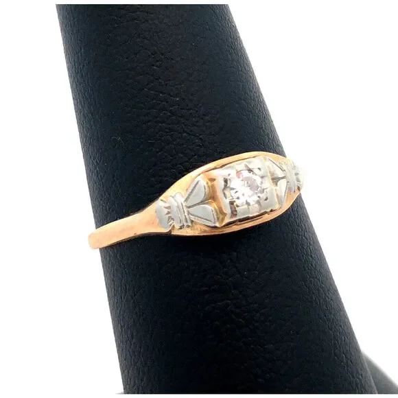 Vintage Designer SH 14K Yellow White Gold Round Diamond Engagement Ring